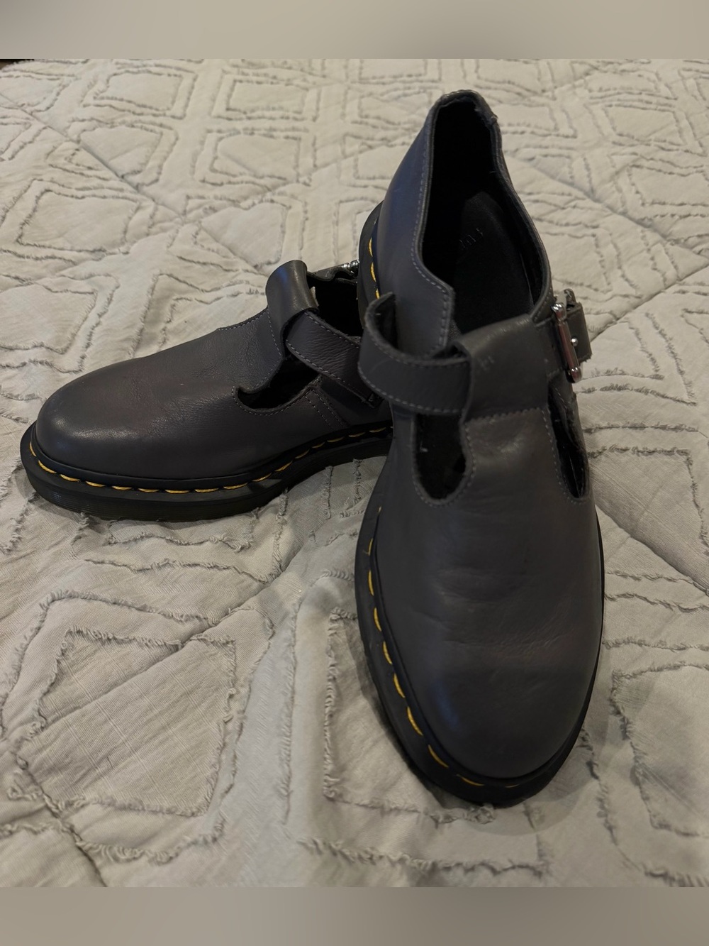 DrMarten size 7 Leather Mary Jane Shoes in Gray with Yellow Stitching